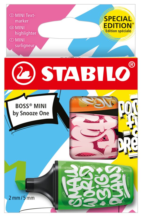 Etui carton x 3 STABILO BOSS MINI by Snooze One - vert + rose + orange - Carton de 10 pièces