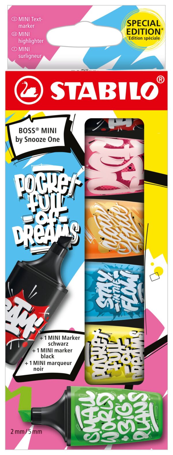 Etui carton x 6 STABILO BOSS MINI by Snooze One - vert + jaune + bleu + orange + rose + noir - Carton de 10 pièces