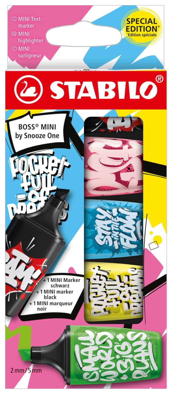 Etui carton x 5 STABILO BOSS MINI by Snooze One - vert + jaune + bleu + rose + noir - Carton de 10 pièces