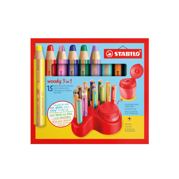 Set x 15 STABILO woody 3 in 1 + 1 taille-crayon avec réservoir + 1 plateau de rangement
