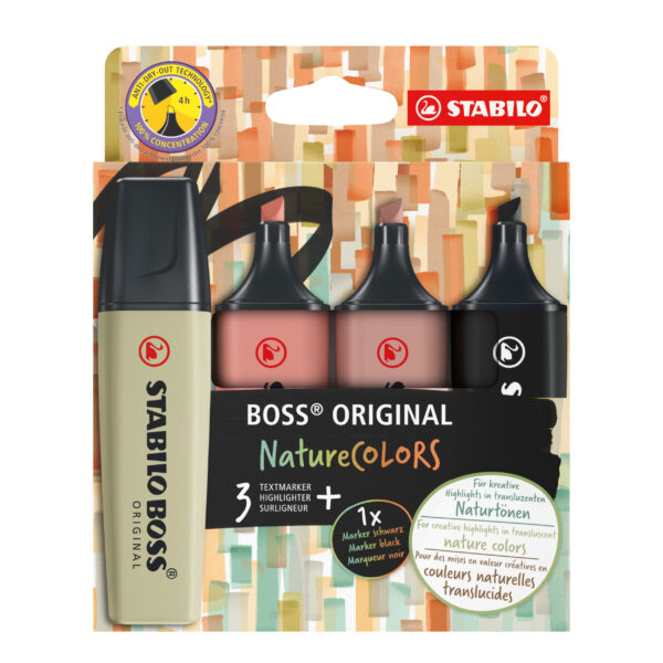 Etui carton x 4 STABILO BOSS ORIGINAL Nature - marron glacé, orange rouille, vert tilleul, noir