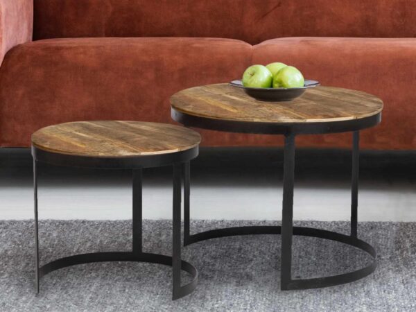 Table basse lot de 2 table d'appoint table de salon ronde Austin structure métal argent vieilli ou noir