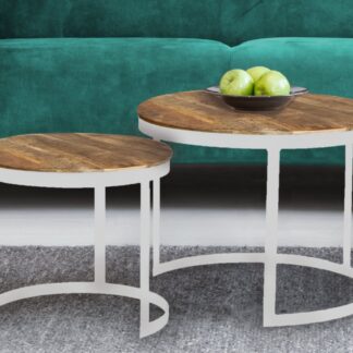 Table basse lot de 2 table d'appoint table de salon ronde Austin structure métal argent vieilli ou noir