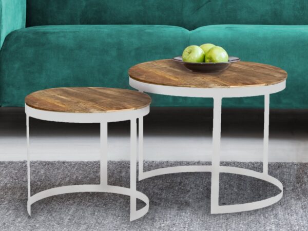 Table basse lot de 2 table d'appoint table de salon ronde Austin structure métal argent vieilli ou noir