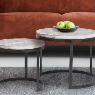 Table basse lot de 2 table d'appoint table de salon ronde Austin structure métal argent vieilli ou noir