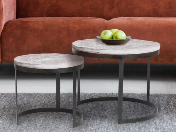 Table basse lot de 2 table d'appoint table de salon ronde Austin structure métal argent vieilli ou noir