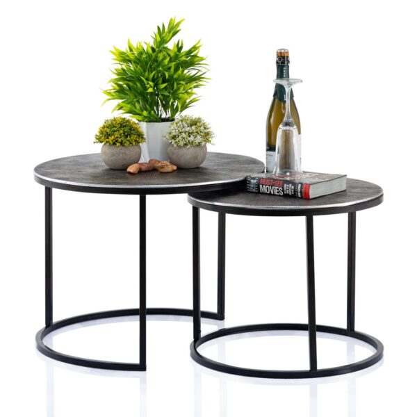 Ensemble de tables basses 2 pièces ø 55 et 45 cm table d'appoint en métal argenté tables rondes salon Carlton