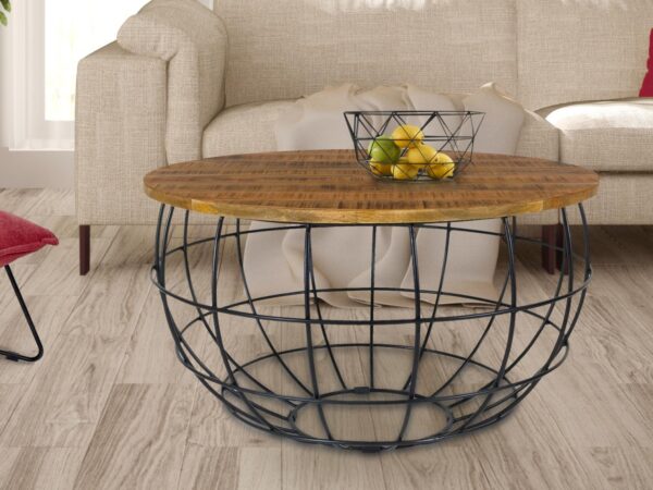 Table basse ronde durable Lexington ø 75 cm grille métallique structure métallique table de salon en bois massif