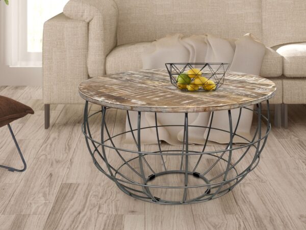 Table basse ronde durable Lexington ø 75 cm grille métallique structure métallique table de salon en bois massif