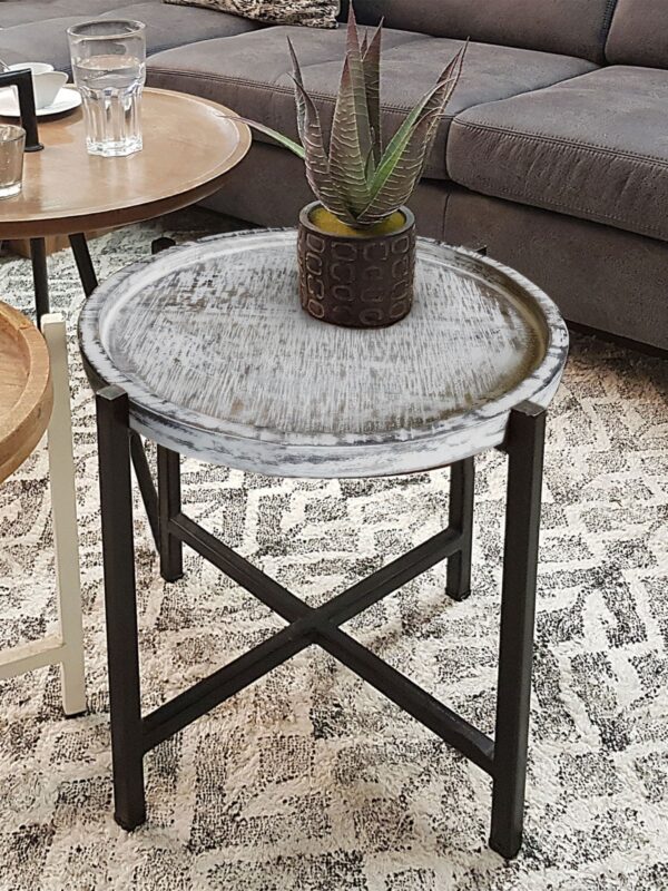 Table d'appoint ø46xH45cm table basse table de salon ronde Omaha structure métal argent vieilli