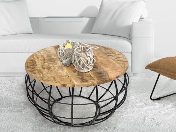 Table basse durable ronde ø 75 cm table de salon bois massif London grille métallique structure métallique