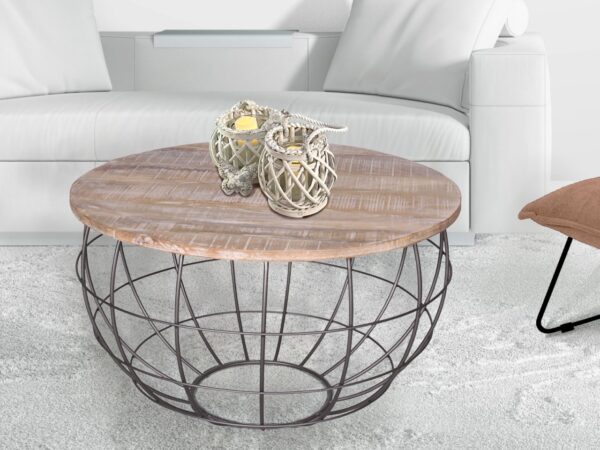 Table basse durable ronde ø 75 cm table de salon bois massif London grille métallique structure métallique