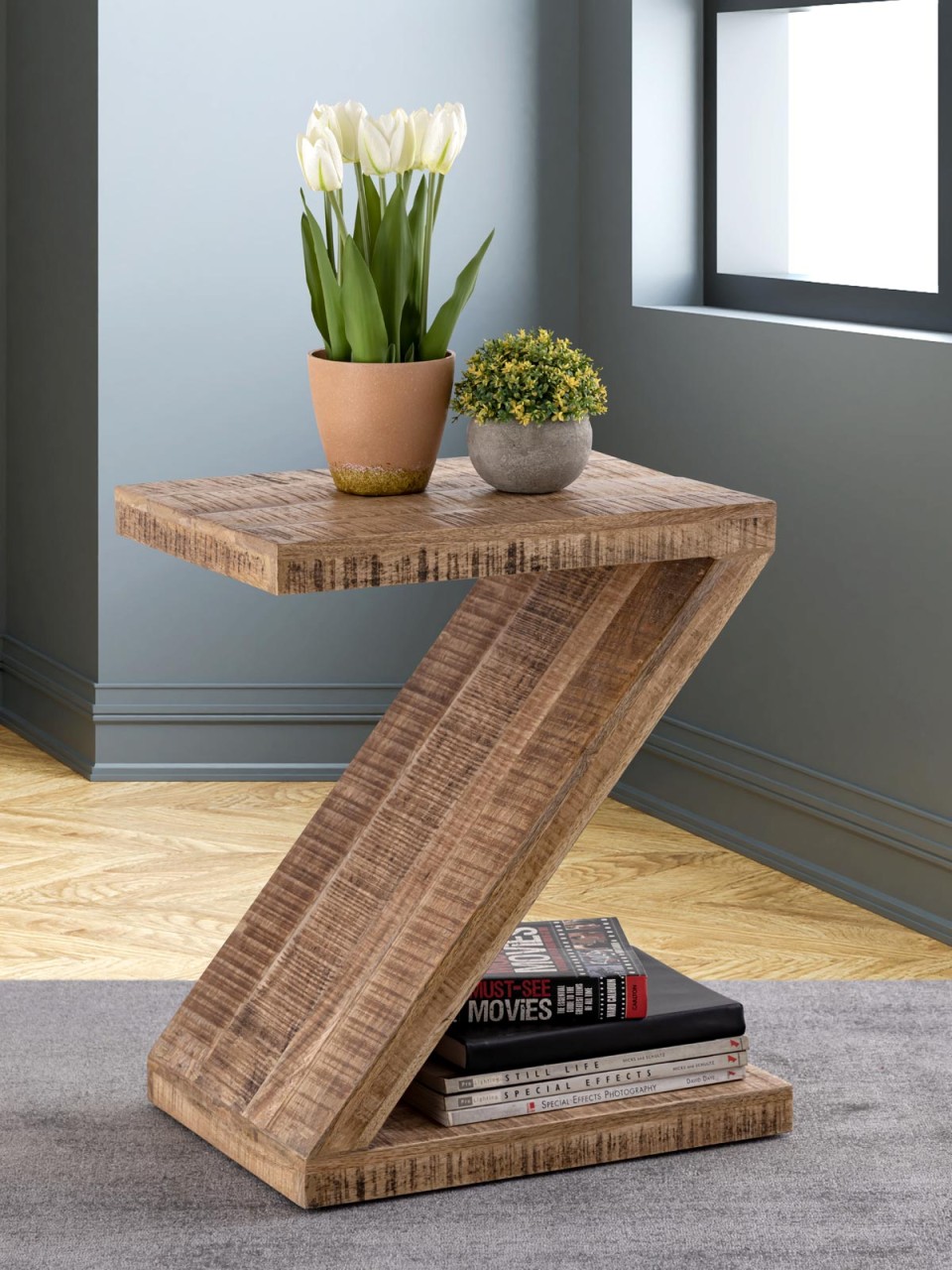 Table d'appoint en bois forme Z 42x50x31cm Zoro table de canapé table à fleurs manguier durable bois de récupération