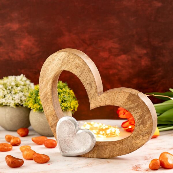 Figurine coeur déco 27x21cm figurine en bois petit coeur bois de manguier aluminium