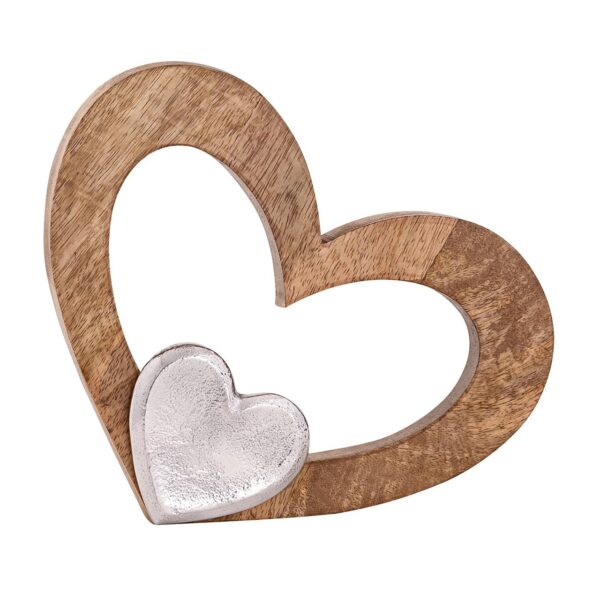 Figurine coeur déco 27x21cm figurine en bois petit coeur bois de manguier aluminium – Image 2