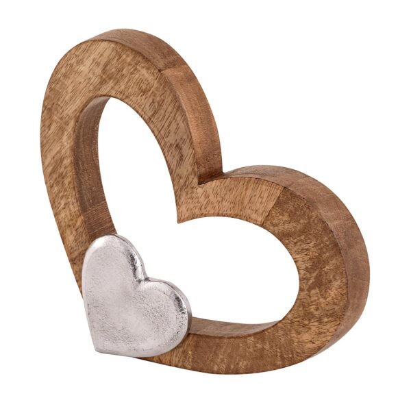 Figurine coeur déco 27x21cm figurine en bois petit coeur bois de manguier aluminium – Image 3