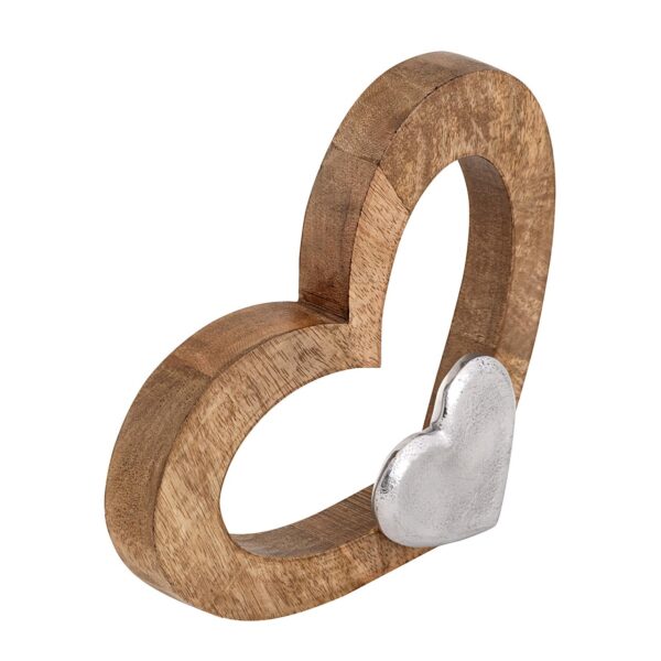 Figurine coeur déco 27x21cm figurine en bois petit coeur bois de manguier aluminium – Image 4