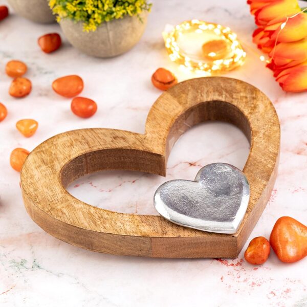Figurine coeur déco 27x21cm figurine en bois petit coeur bois de manguier aluminium – Image 6