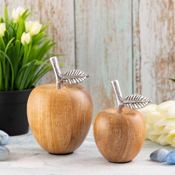 Figurines déco lot de 2 pomme H15/13x11/9cm support Masterbox 12 pièces bois de manguier – Image 2
