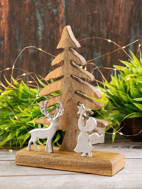 Figurine en bois Sapin de Noël avec cerf et ange 20x27cm Masterbox 8 pièces décoration de Noël en bois de manguier – Image 2