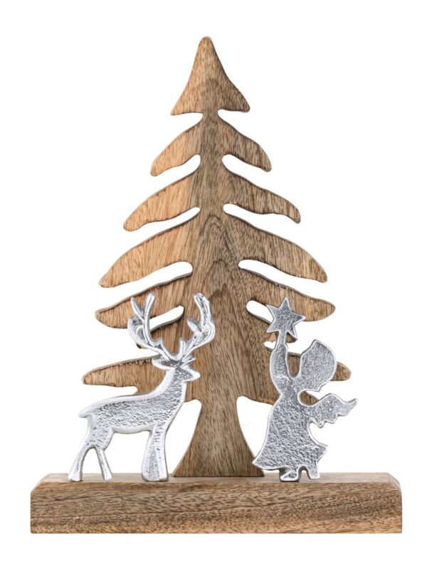 Figurine en bois Sapin de Noël avec cerf et ange 20x27cm Masterbox 8 pièces décoration de Noël en bois de manguier – Image 3