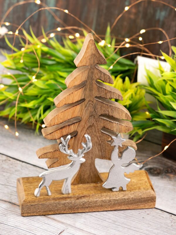 Figurine en bois Sapin de Noël avec cerf et ange 20x27cm Masterbox 8 pièces décoration de Noël en bois de manguier – Image 6