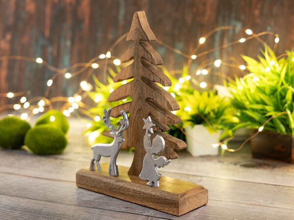 Figurine en bois Sapin de Noël avec cerf et ange 20x27cm Masterbox 8 pièces décoration de Noël en bois de manguier – Image 7
