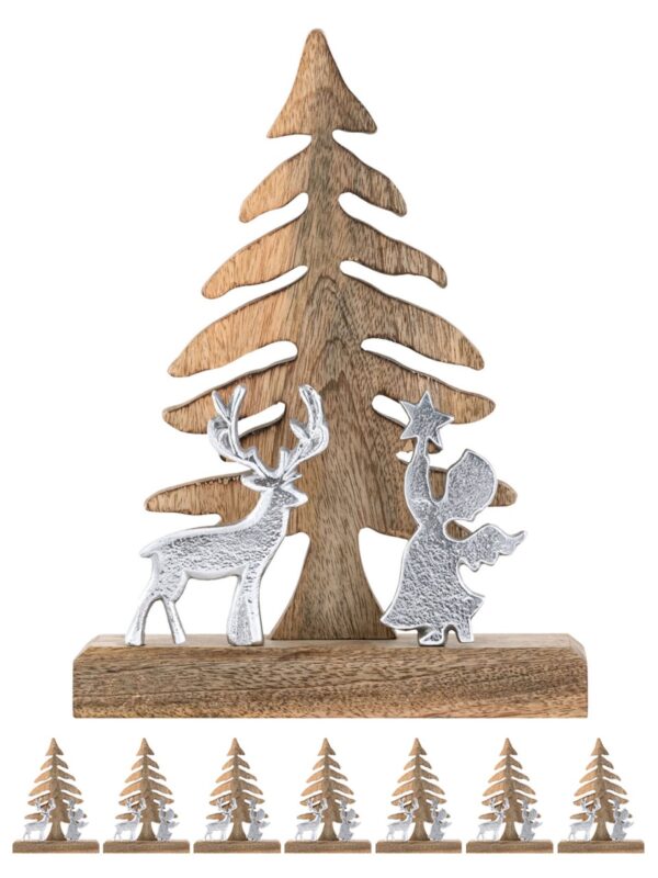 Figurine en bois Sapin de Noël avec cerf et ange 20x27cm Masterbox 8 pièces décoration de Noël en bois de manguier