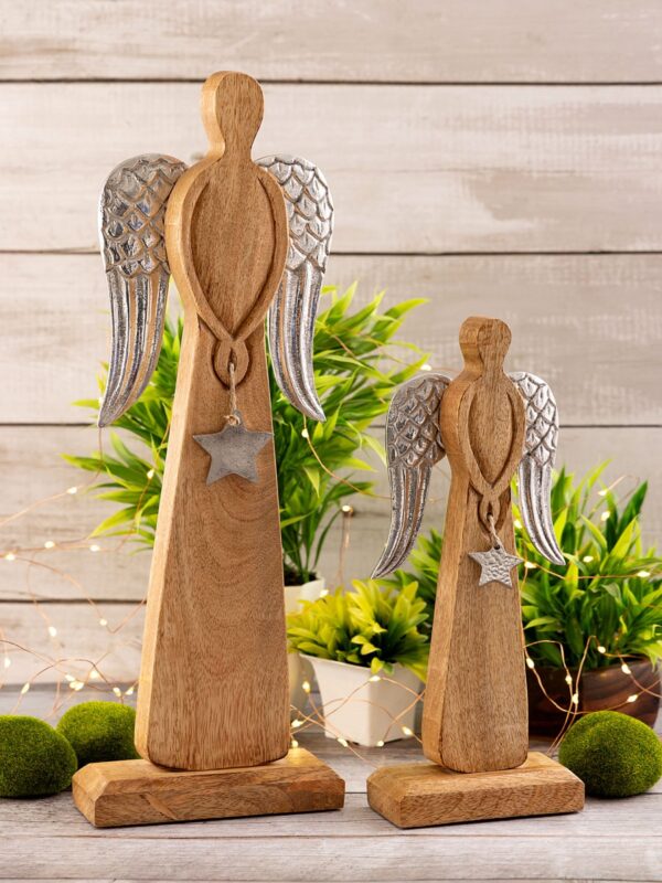 Lot de 2 figurines d'ange décoratives 13/17x32/47cm Boîte maîtresse de décoration de Noël 6 pièces en bois de manguier – Image 2