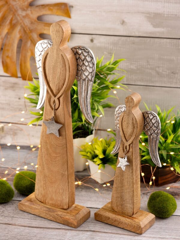 Lot de 2 figurines d'ange décoratives 13/17x32/47cm Boîte maîtresse de décoration de Noël 6 pièces en bois de manguier – Image 6