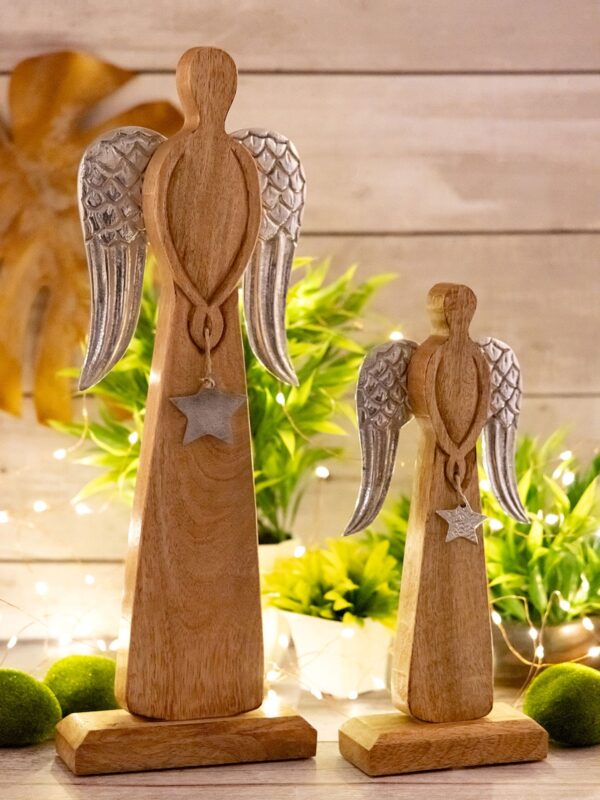 Lot de 2 figurines d'ange décoratives 13/17x32/47cm Boîte maîtresse de décoration de Noël 6 pièces en bois de manguier – Image 7