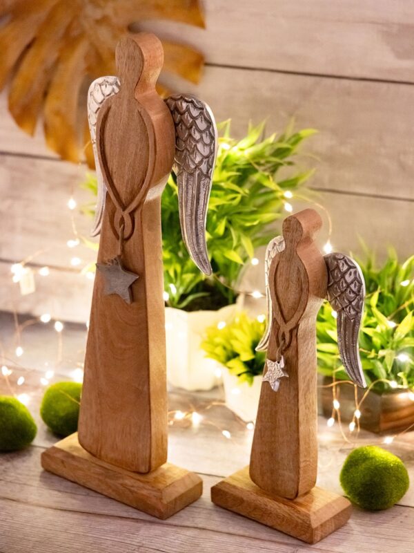 Lot de 2 figurines d'ange décoratives 13/17x32/47cm Boîte maîtresse de décoration de Noël 6 pièces en bois de manguier – Image 8