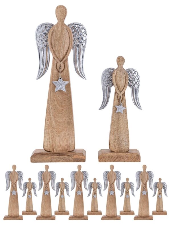 Lot de 2 figurines d'ange décoratives 13/17x32/47cm Boîte maîtresse de décoration de Noël 6 pièces en bois de manguier