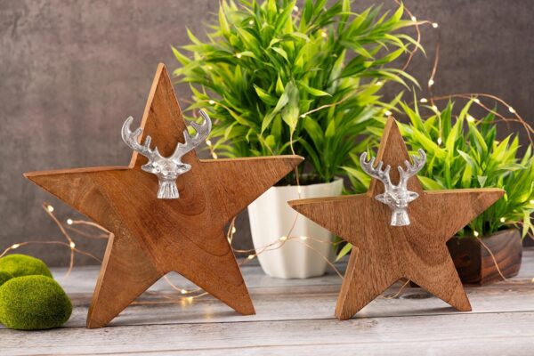 Lot de 2 figurines étoiles en bois avec tête de cerf taille 25/19 cm Masterbox support 10 pièces en bois de manguier – Image 2