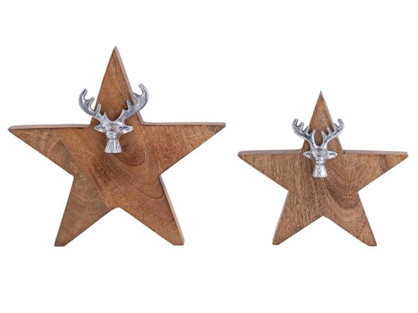 Lot de 2 figurines étoiles en bois avec tête de cerf taille 25/19 cm Masterbox support 10 pièces en bois de manguier – Image 4