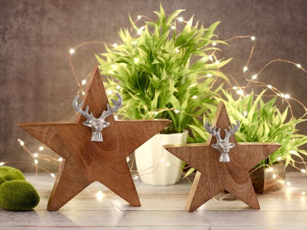 Lot de 2 figurines étoiles en bois avec tête de cerf taille 25/19 cm Masterbox support 10 pièces en bois de manguier – Image 8