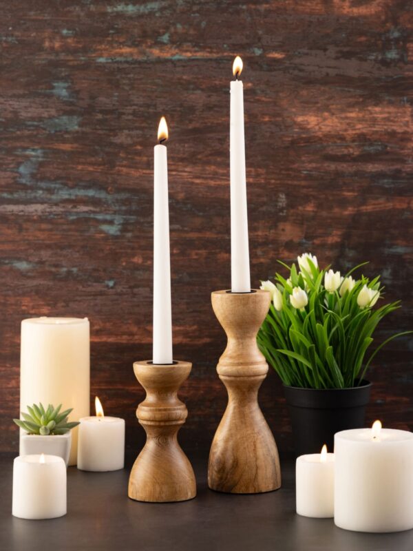 Bougeoir lot de 2 bougies bâtons bougeoir H20/13x6cm bougeoir rond en bois de manguier – Image 5