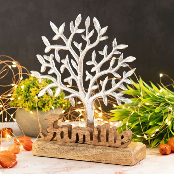 Figurine décorative arbre de vie avec inscription famille figurine en bois 20x27cm Masterbox 8 pièces en aluminium – Image 2