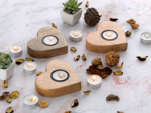 Photophore lot de 3 bougeoirs photophores 12x11cm Bougeoir Herzilein bois de manguier – Image 5