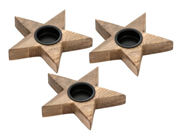 Photophore Masterbox 12x lot de 3 bougeoirs bougies chauffe-plat 15x15cm étoiles bois de manguier – Image 3