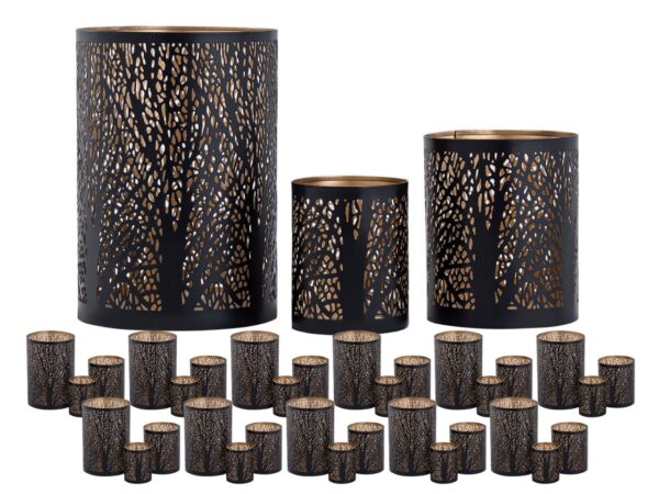 Lot de 3 lanternes Masterbox 12x bougeoir 3 pièces Photophore forêt rond noir doré