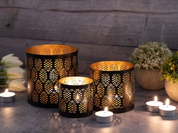 Lot de 3 bougeoirs photophores lanternes orientales ronds noir doré