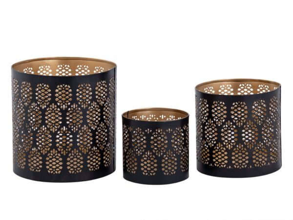 Lot de 3 bougeoirs photophores lanternes orientales ronds noir doré – Image 2