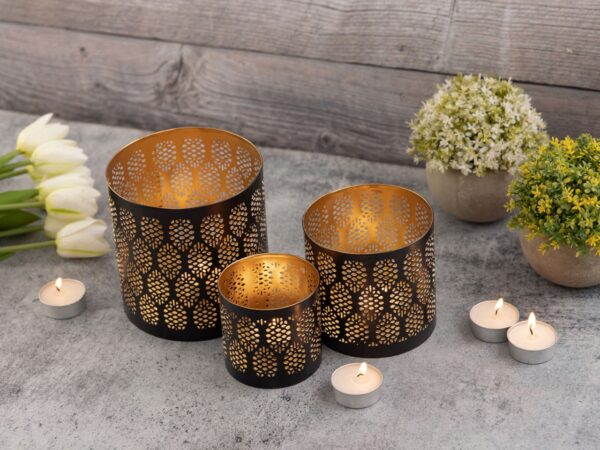Lot de 3 bougeoirs photophores lanternes orientales ronds noir doré – Image 6