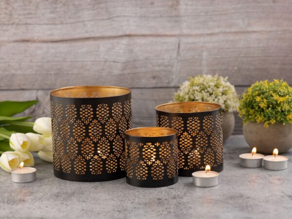 Lot de 3 bougeoirs photophores lanternes orientales ronds noir doré – Image 7