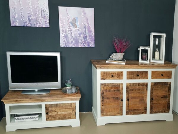 Meuble TV bas meuble TV L 114 H 45 cm meuble TV en bois massif Ibiza blanc bois de manguier massif – Image 8