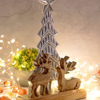 Figurine décorative sapin de Noël avec cerf 20x31cm décoration de Noël bois de manguier aluminium