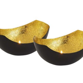 Set de bougeoirs 2 pièces photophore forme bol Love noir mat intérieur plaqué or