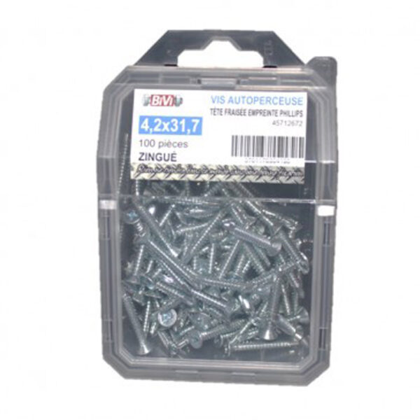 Vis autoperceuse tête fraisée empreinte Phillips® Zingué - Coque de 100 pièces - 4,8 x 31,7 mm- Vendu par 4