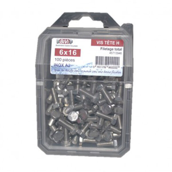 Vis tête hexagonale totalement filetée Inox A2 - Coque de 100 pièces - 6 x 20 mm- Vendu par 4